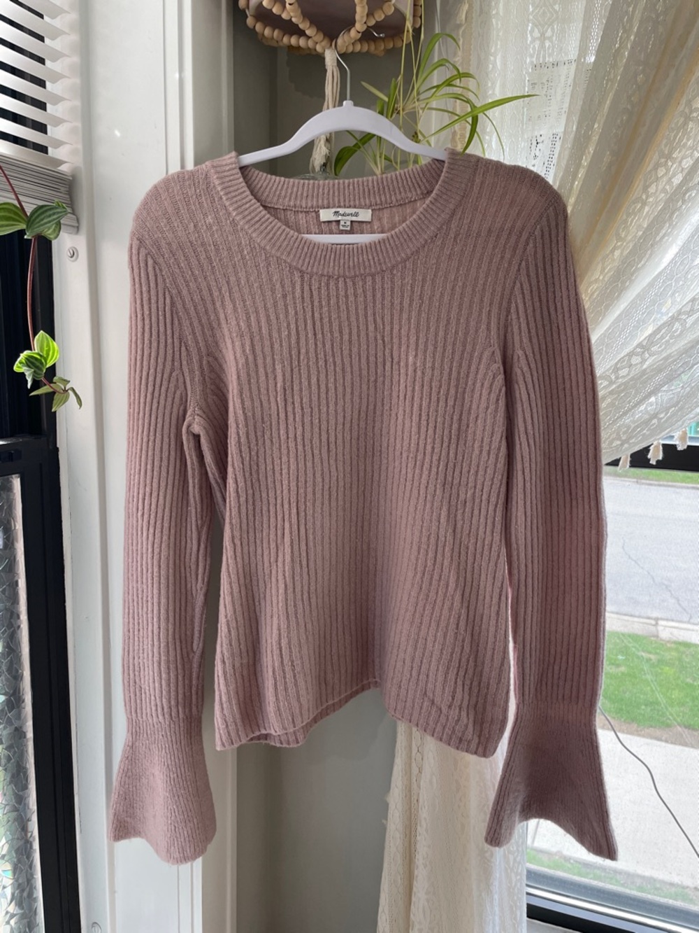 Madewell Dusty Pink Ribbed Sweater with Flared Sleeves | medium